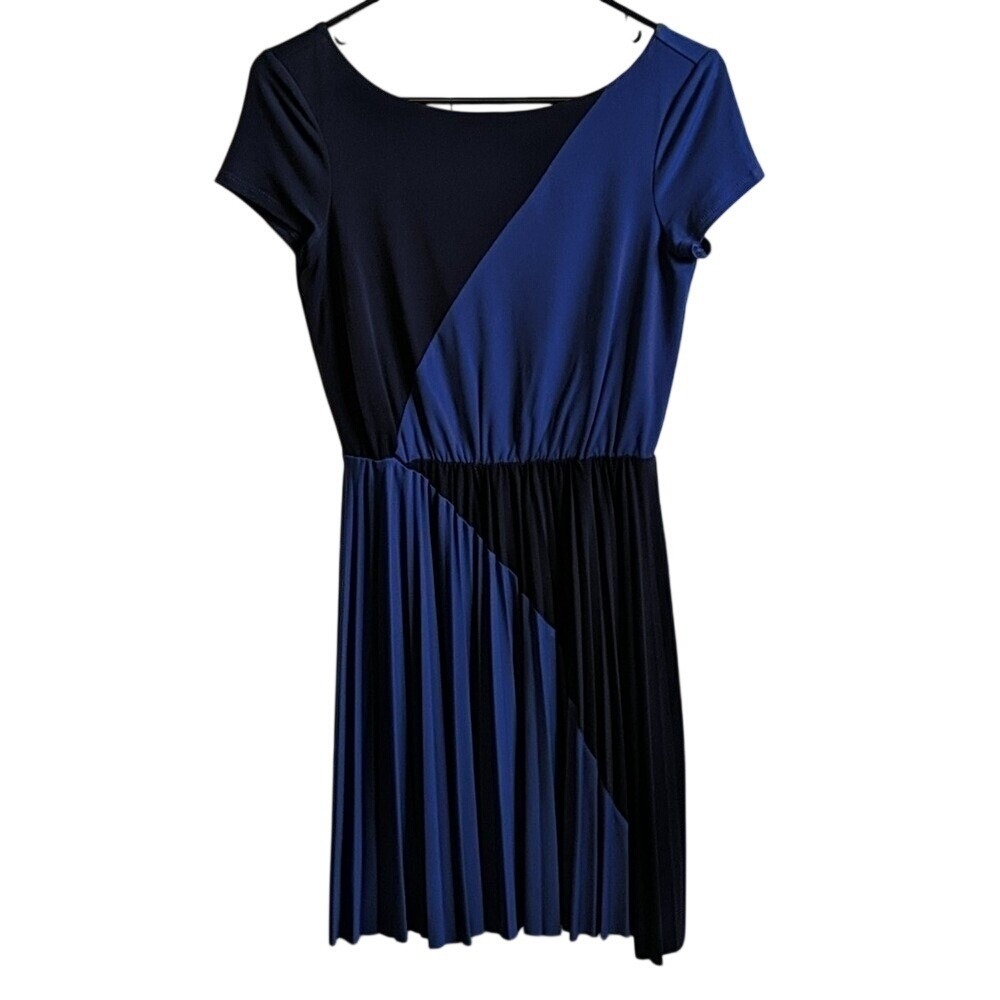 Max and Cleo Womens XXS Blue Colorblock Pleated Surplice Wrap Dress Short Sleeve